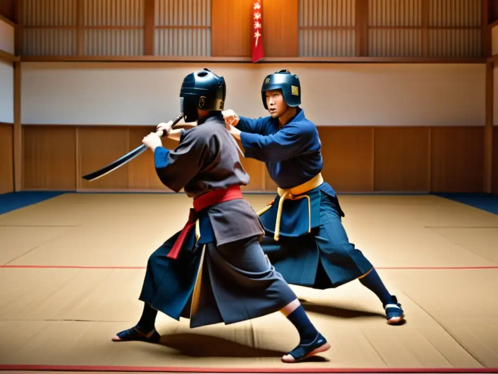 La imagen muestra una emocionante competición de kendo en un dojo histórico, con una atmósfera auténtica y vibrante