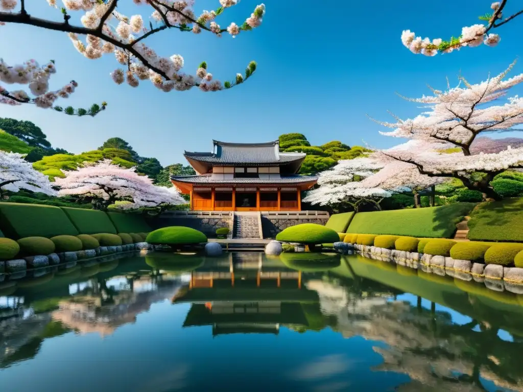 Imagen de ensueño del histórico Jardín Kenrokuen en Kanazawa durante la temporada de sakura, evocando la serenidad y rutas por el Japón Samurái