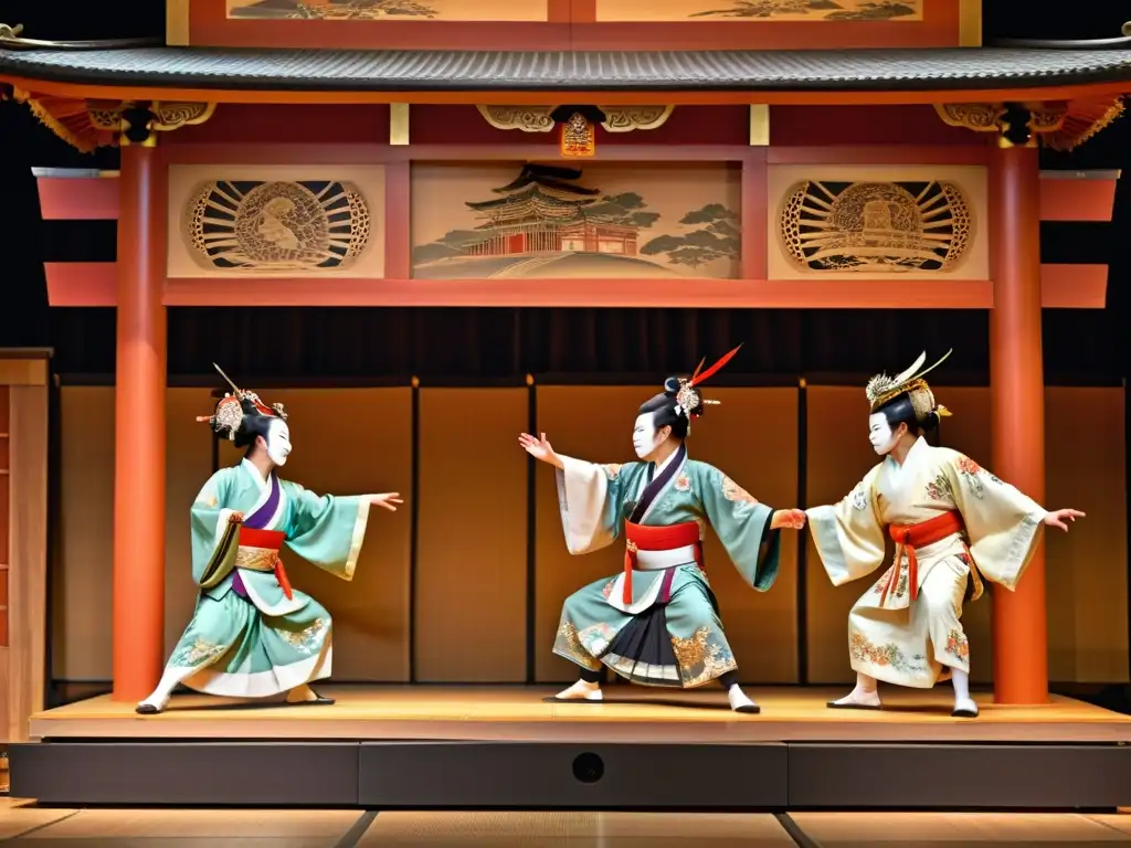 La imagen muestra un escenario de teatro Noh japonés con una actuación en progreso, conectando con el legado samurái y las tradiciones culturales