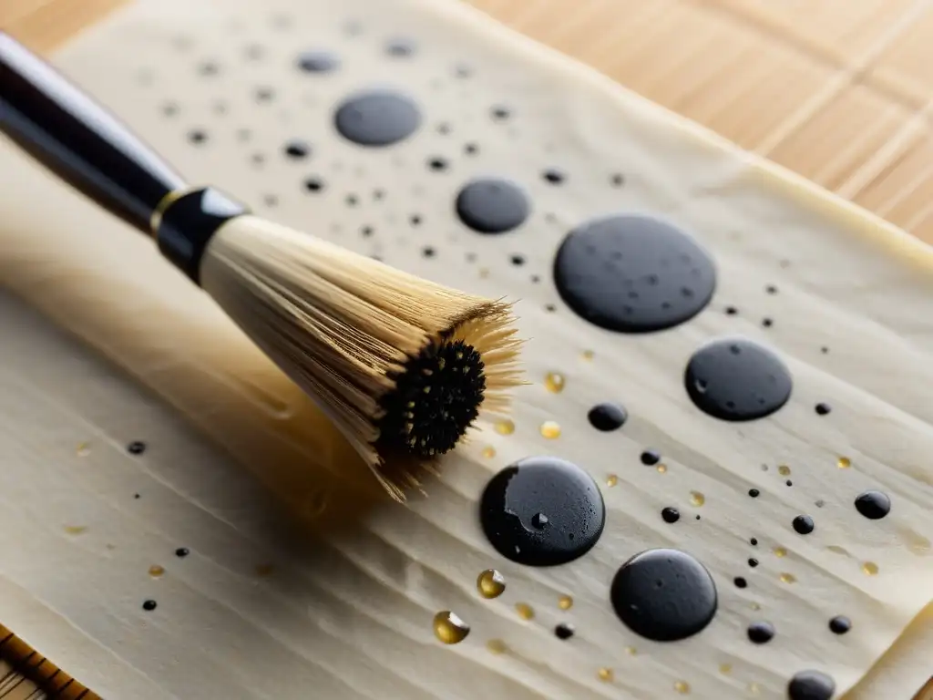 Una imagen que representa la esencia de la caligrafía samurái, con un pincel tradicional japonés sobre papel de arroz y tinta negra