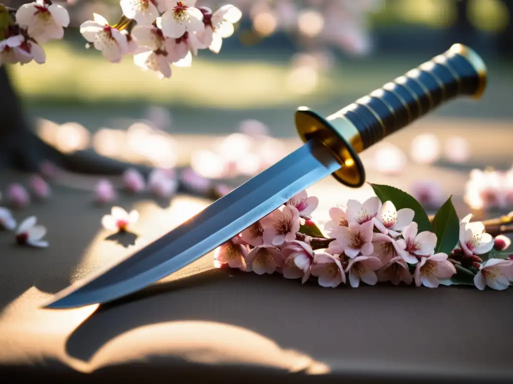 Una imagen evocadora de una espada katana japonesa reposando sobre pétalos de cerezo, bañada por la cálida luz del sol