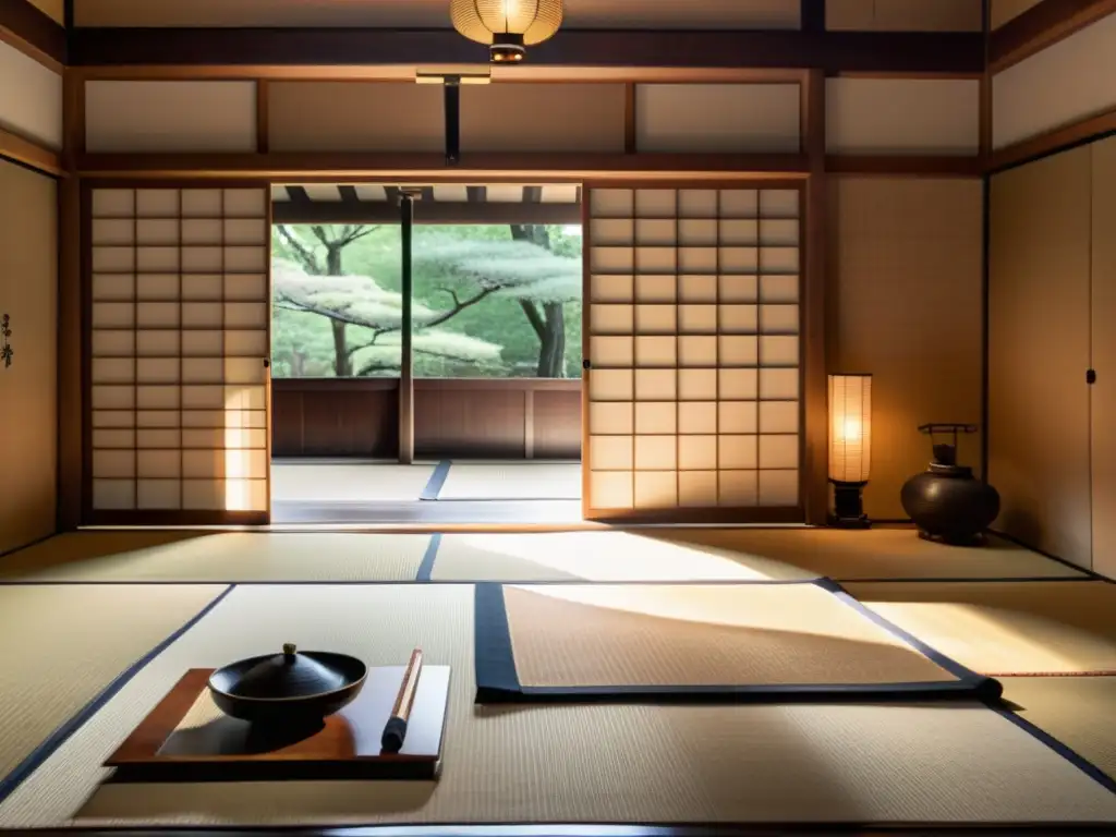 Una imagen evocadora de una sala tradicional japonesa con una estética solemne y minimalista