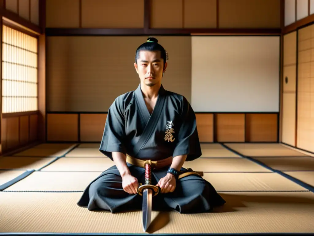 Imagen de una experiencia inmersiva de Artes Samuráis en Japón, con un dojo tradicional, maestro samurái y estudiantes concentrados