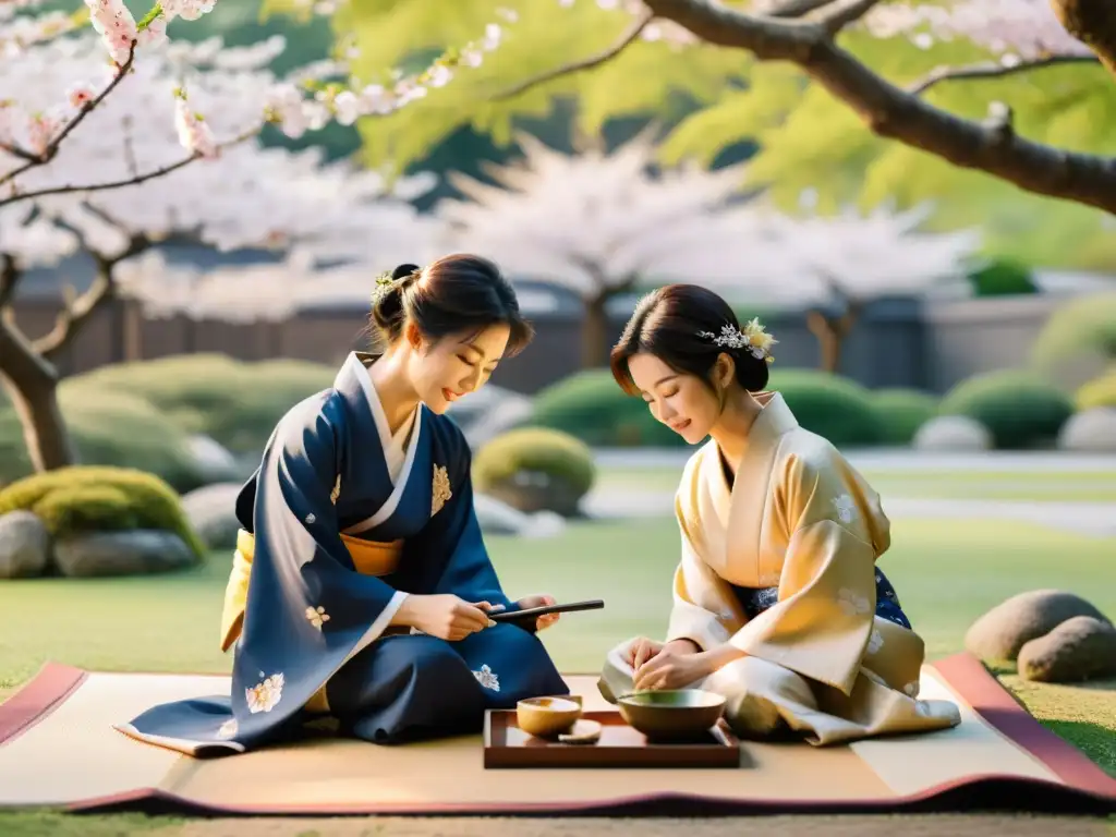 Imagen de una familia japonesa tradicional compartiendo una comida en un jardín armonioso bajo la luz dorada del atardecer