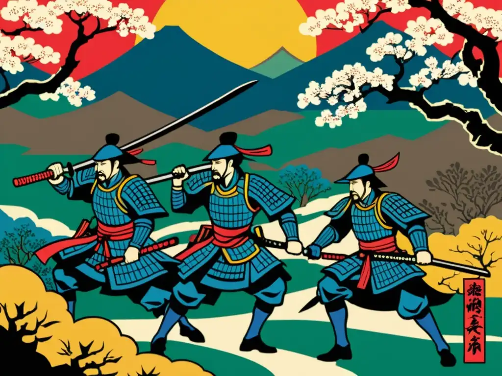 Imagen de grabado japonés tradicional con samuráis en batalla, detalles de armaduras y paisaje montañoso