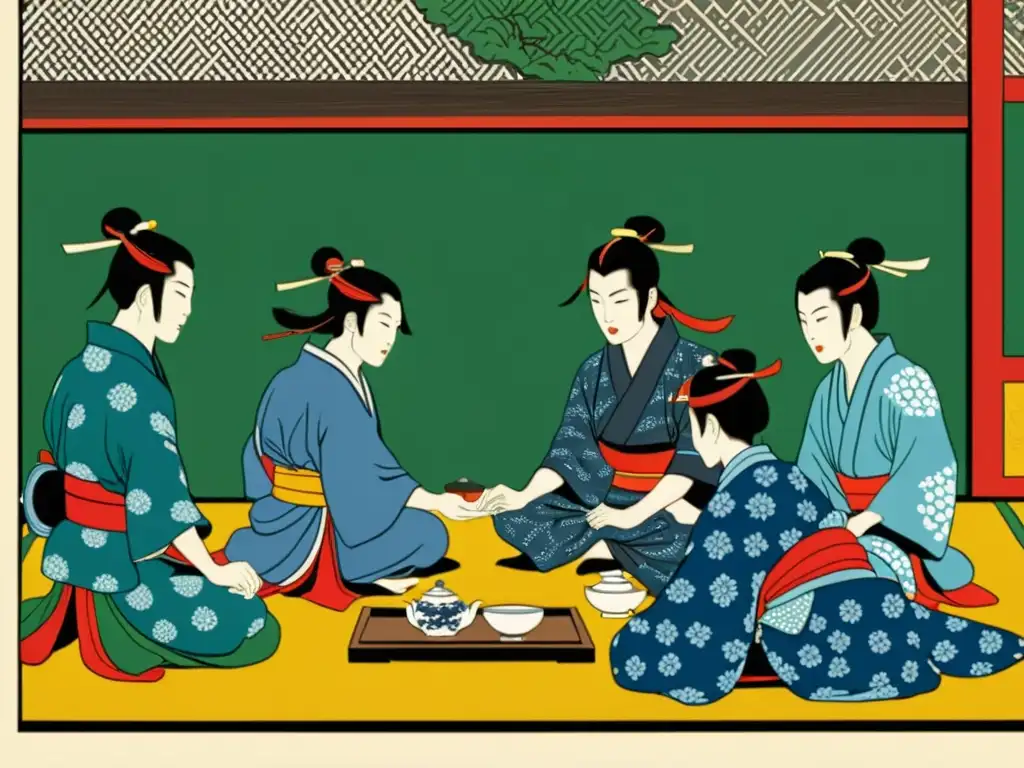 Imagen de grabado en madera japonés que muestra una ceremonia del té entre samuráis y misioneros jesuitas, con detalles y colores vibrantes