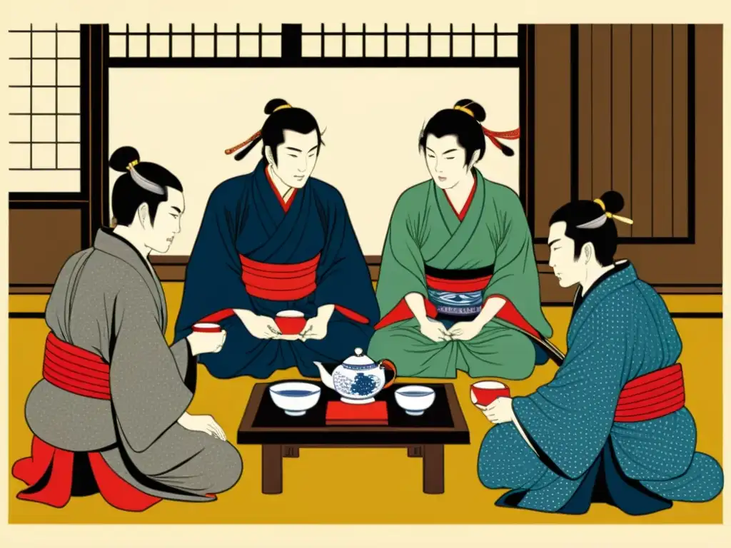 Imagen de grabado tradicional japonés que muestra samuráis en una ceremonia del té, con detalles de kimonos y ambiente sereno