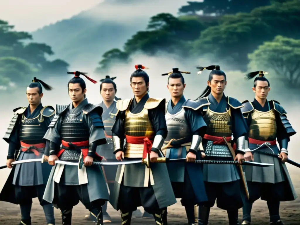 Samuráis del Shinsengumi en formación: imagen documental de alta resolución La imagen muestra a la Guardia samurái Shinsengumi en formación con armaduras tradicionales, envueltos en la niebla, evocando la atmósfera histórica de la ficción