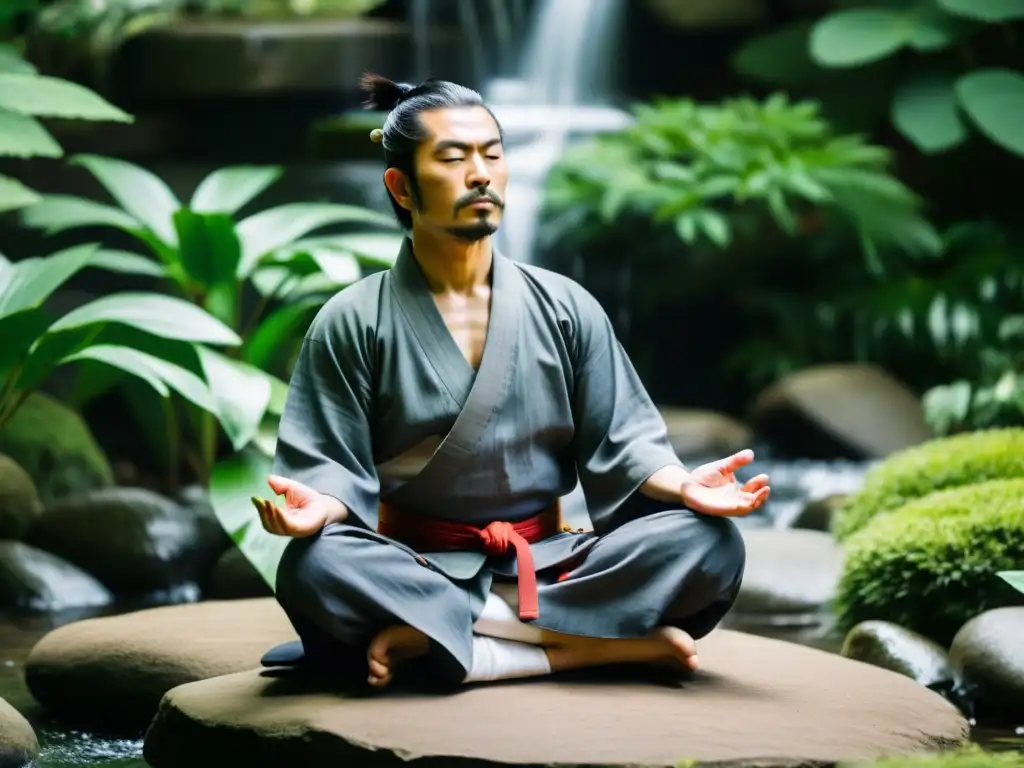 Imagen de un guerrero samurái en meditación con técnicas de respiración samurái y yoga, rodeado de un jardín tranquilo y una cascada al fondo