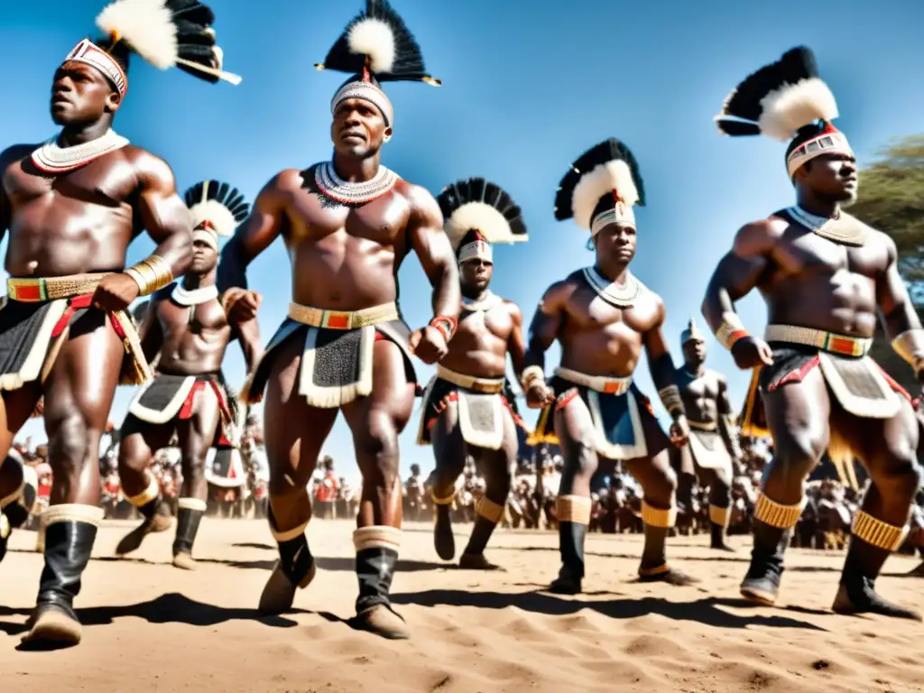 Imagen de guerreros Zulú en una danza tradicional, mostrando honor y fuerza