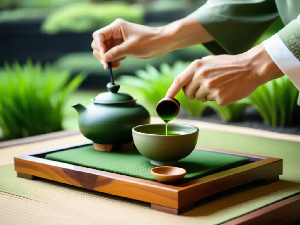 Imagen de una hermosa ceremonia del té samurái, con movimientos delicados y té matcha vibrante en un jardín sereno