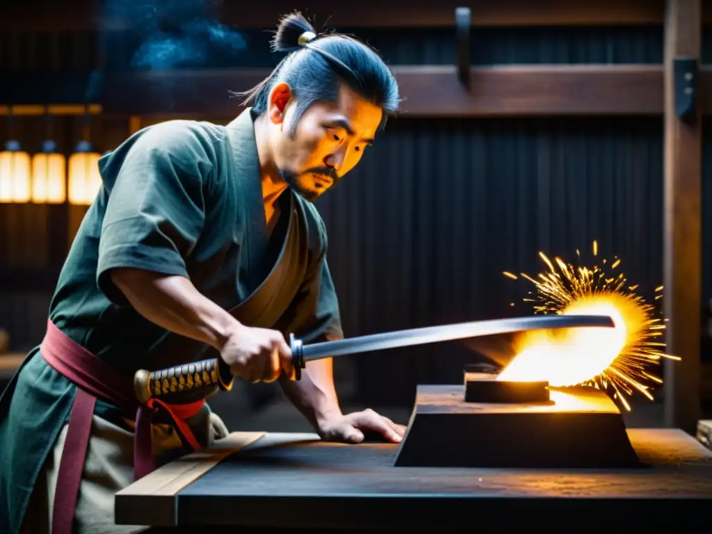 La imagen muestra a un herrero destacado forjando una katana en su taller, evocando la historia y tradición de esta antigua artesanía japonesa