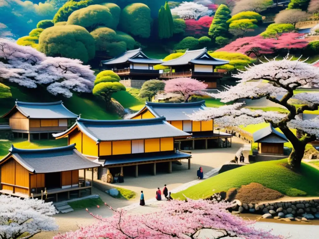 Imagen impactante de una aldea feudal japonesa, con edificaciones de madera y árboles de cerezo