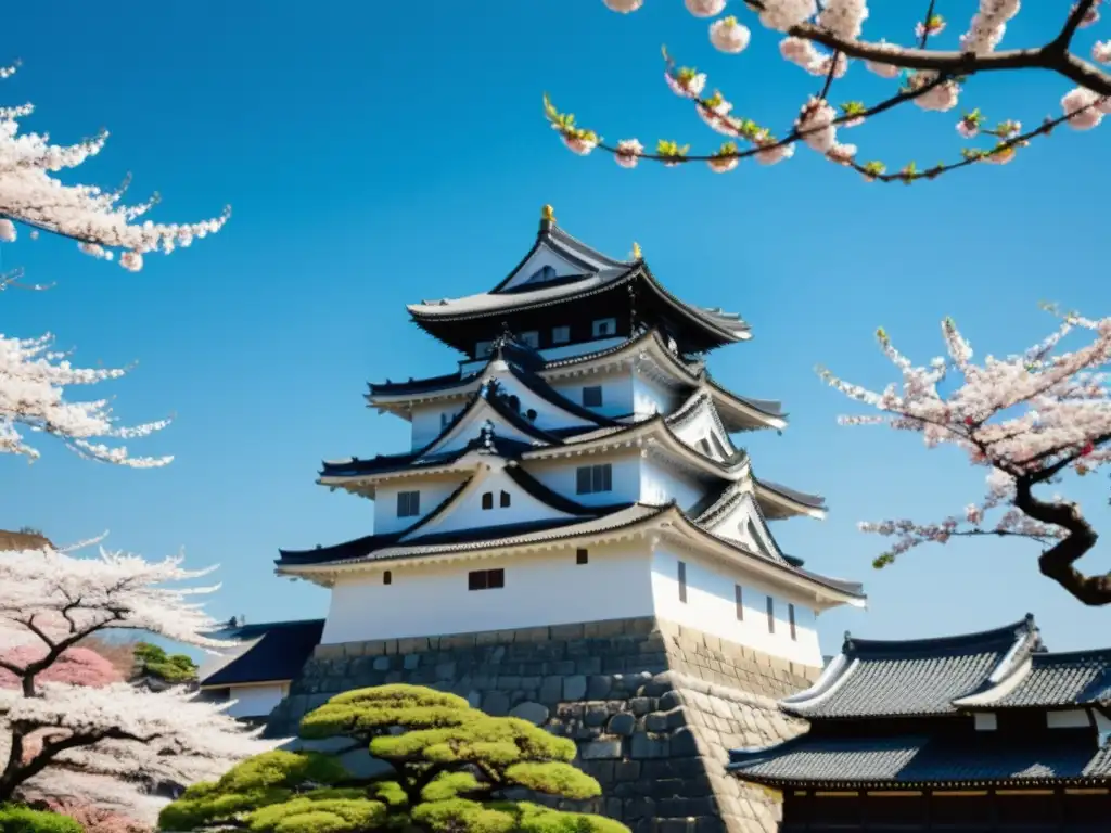 Himeji Castle: Esplendor samurái y flores de cerezo Imagen impactante del Castillo de Himeji con detalles minuciosos, muros imponentes y cerezos en flor