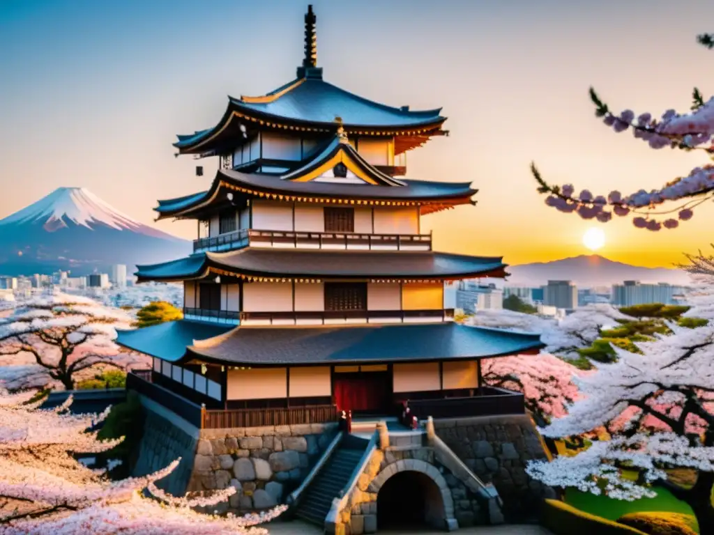 Imagen impactante de un castillo japonés rodeado de cerezos en flor con el sol poniéndose, destacando la arquitectura y la cultura samurái