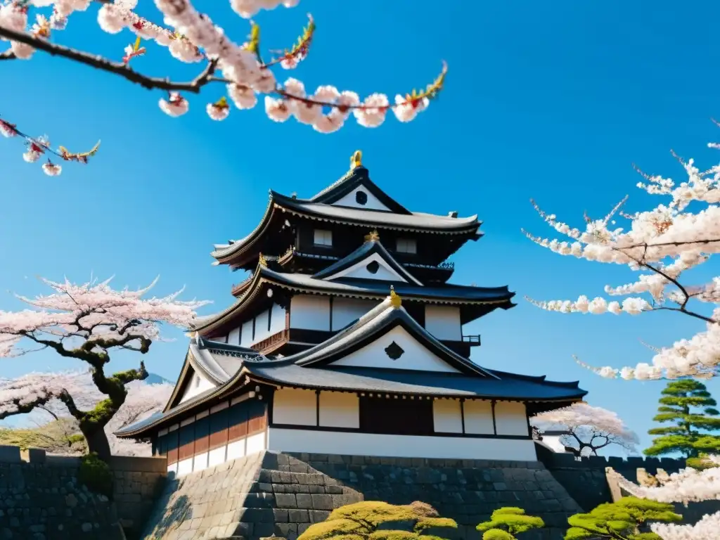 Imagen impactante de un castillo japonés rodeado de cerezos en flor, con visitantes vestidos de forma tradicional