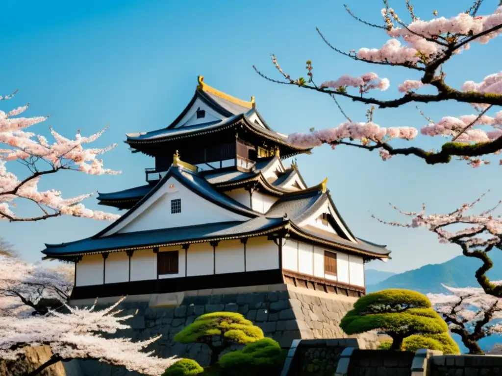 Imagen impactante de un castillo japonés rodeado de árboles de cerezo en flor, evocando la belleza y el destino trágico de la Dama Samurai cristianismo