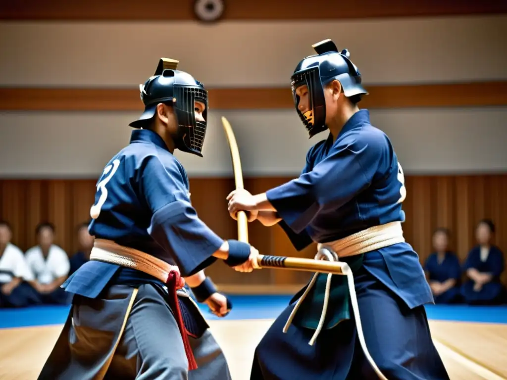 Imagen impactante de competidores de kendo en plena batalla, mostrando determinación y disciplina en un duelo estratégico por la victoria