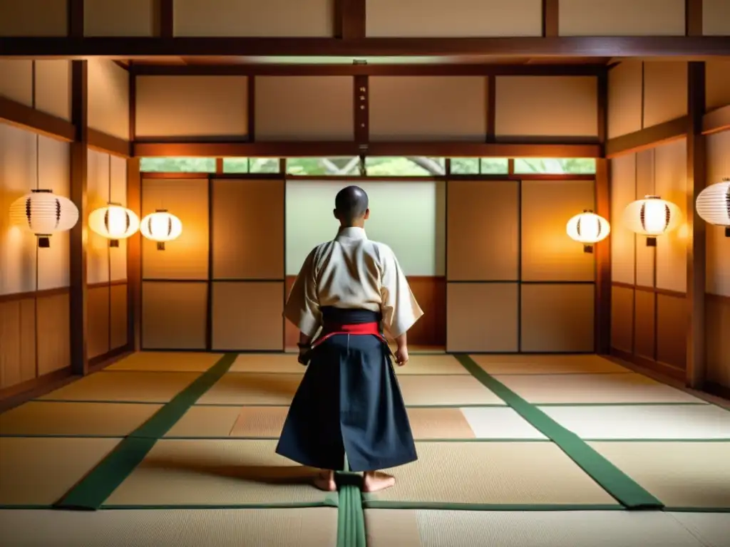 Una imagen impactante de un dojo japonés tradicional, iluminado por la suave luz de linternas