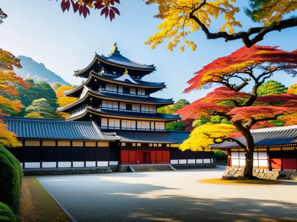 Imagen impactante del dominio Aizu durante el periodo Edo, con el majestuoso Castillo Tsuruga destacando entre el vibrante follaje otoñal