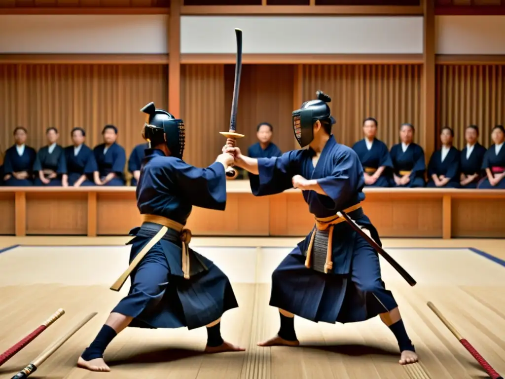 Imagen impactante de una dramática competición de kendo en un dojo tradicional, capturando la intensidad y la historia del kendo samurái