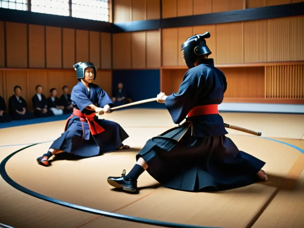 Imagen impactante de un emocionante combate de kendo, destacando la importancia del Kendo en la cultura pop con su atmósfera auténtica y dinámica