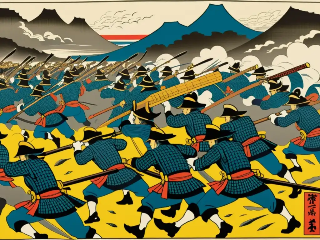 Imagen impactante de una grabado japonés tradicional que muestra la batalla intensa de Sekigahara con samuráis en combate