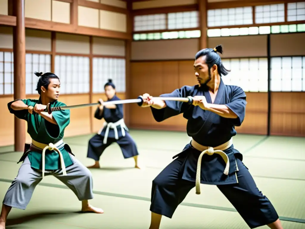 Imagen impactante de guerreros samuráis practicando tácticas y estrategias en un dojo japonés tradicional, con intensidad y compromiso