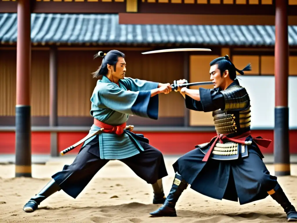 Una imagen impactante de una intensa batalla de samuráis en un dojo, destacando la coreografía y la influencia cultural en el cine occidental