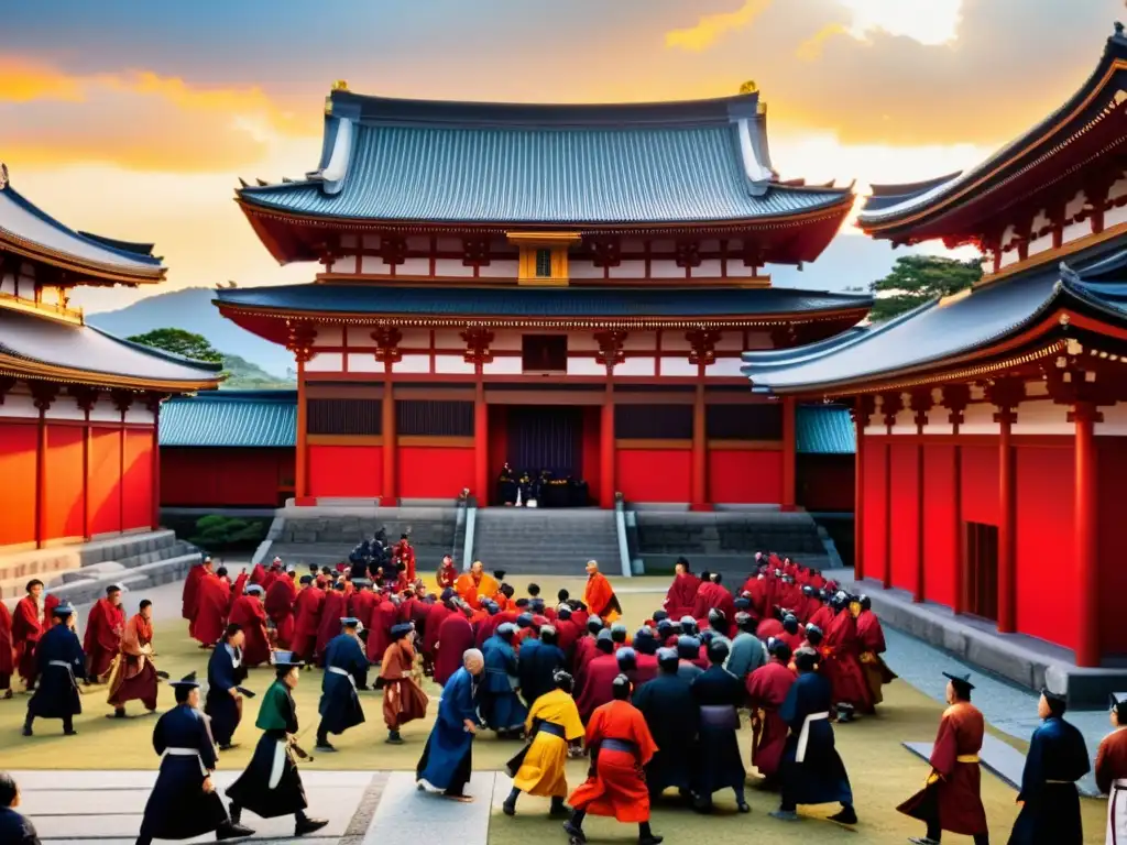 Imagen impactante de la traición y masacre en el templo Honnōji, con dramática representación histórica y vivos colores