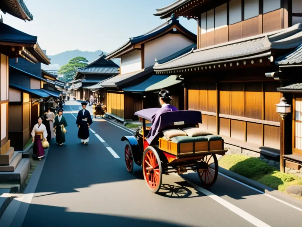 Imagen impactante de la modernización de la estructura social en Japón durante la restauración Meiji, con mezcla de tradición y modernidad en bulliciosa calle japonesa