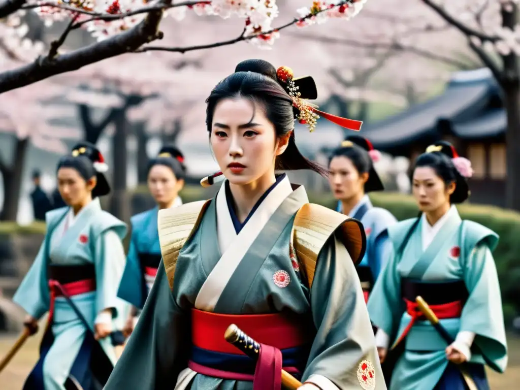 Imagen impactante de Nakano Takeko, valiente onnabugeisha, liderando a guerreras en la guerra Boshin