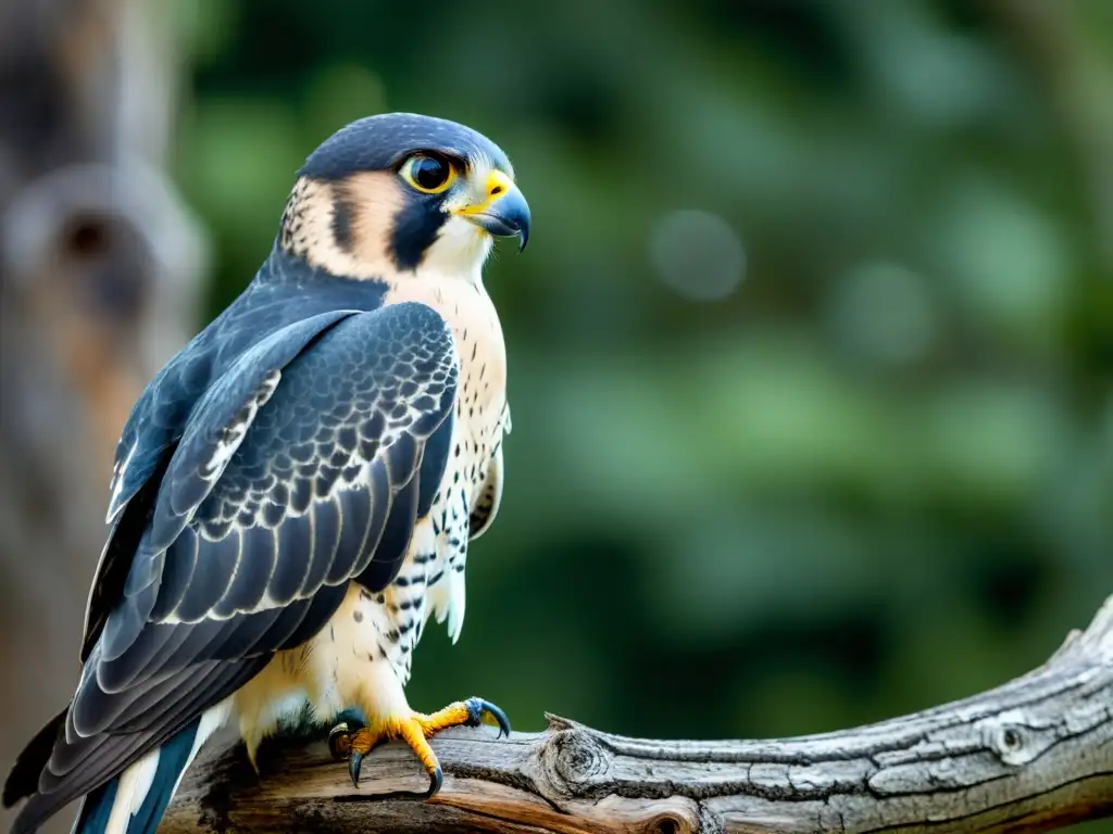 Imagen impactante de un halcón peregrino en rama, con plumaje detallado y mirada intensa, capturando la esencia de aves de presa en poesía samurai