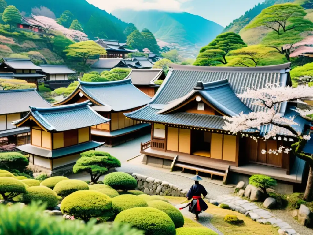 Imagen impactante de un pueblo japonés tradicional rodeado de naturaleza exuberante y samuráis realizando un ritual