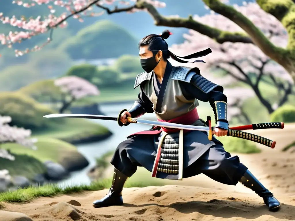 Imagen impactante de un samurái y un ninja practicando artes marciales en contraste, ilustrando la contradicción o complemento de la filosofía samurái