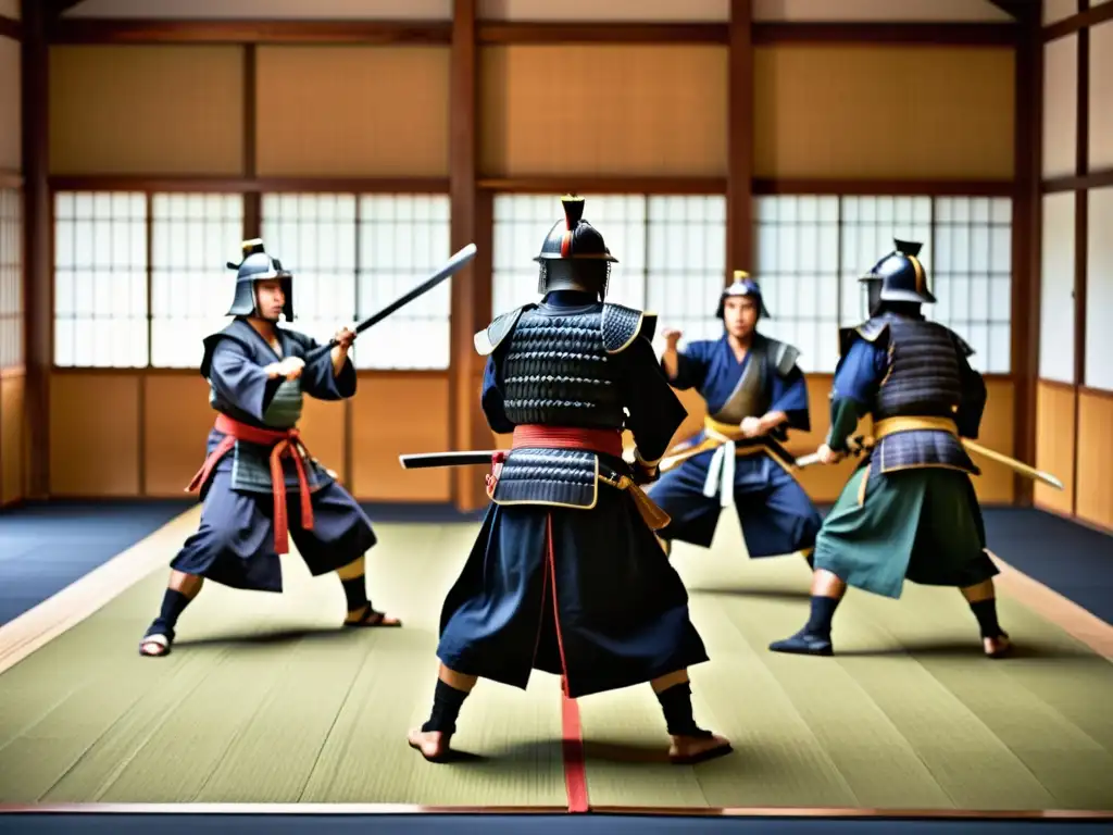 Imagen impactante de samuráis practicando kendo en un dojo tradicional, evocando la historia y disciplina de este arte marcial japonés