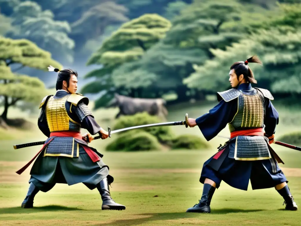 Imagen impactante de tácticas de guerra samurai con practicantes enfocados en un entorno natural sereno y poderoso