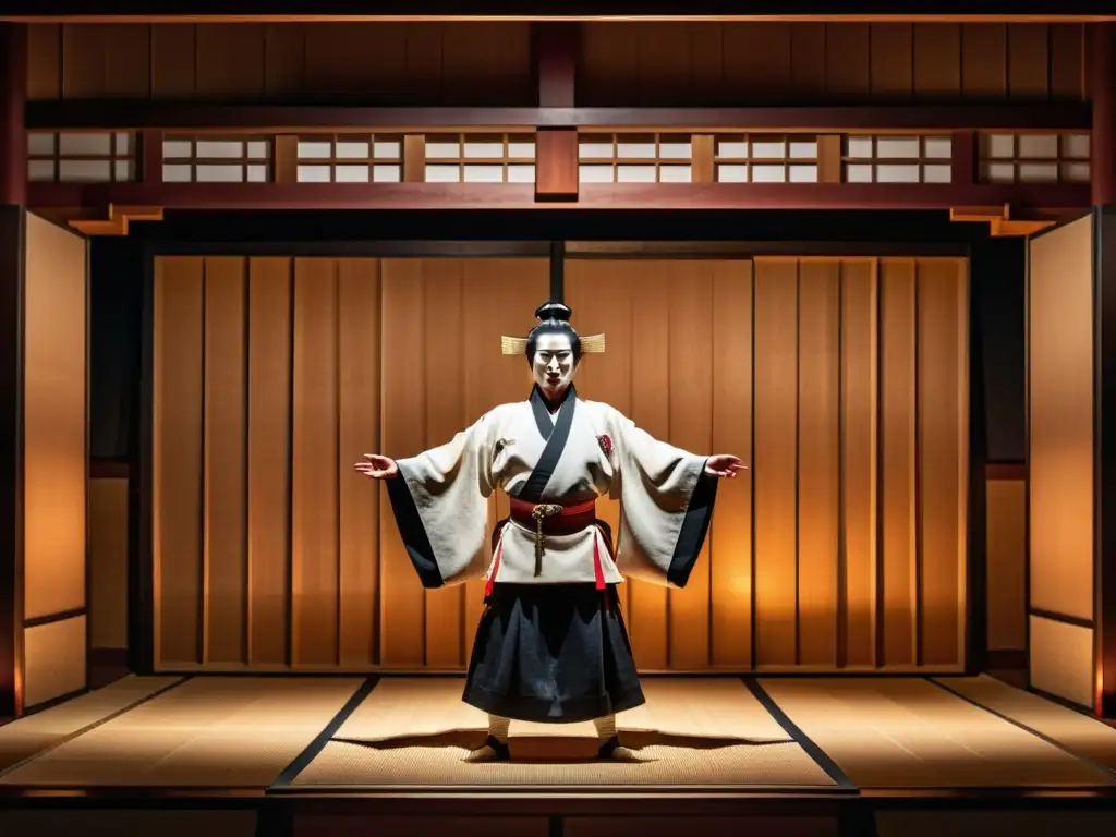 Escenario Noh: Elegancia y Emoción Imagen impactante del teatro Noh japonés, con influencia de artes marciales, iluminada por un único foco, destacando la intensidad del actor en escena