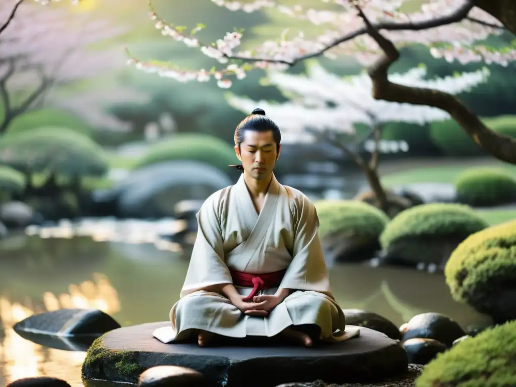 La imagen muestra la importancia de la meditación Zazen para samuráis, con un guerrero en postura serena en un jardín tranquilo al amanecer