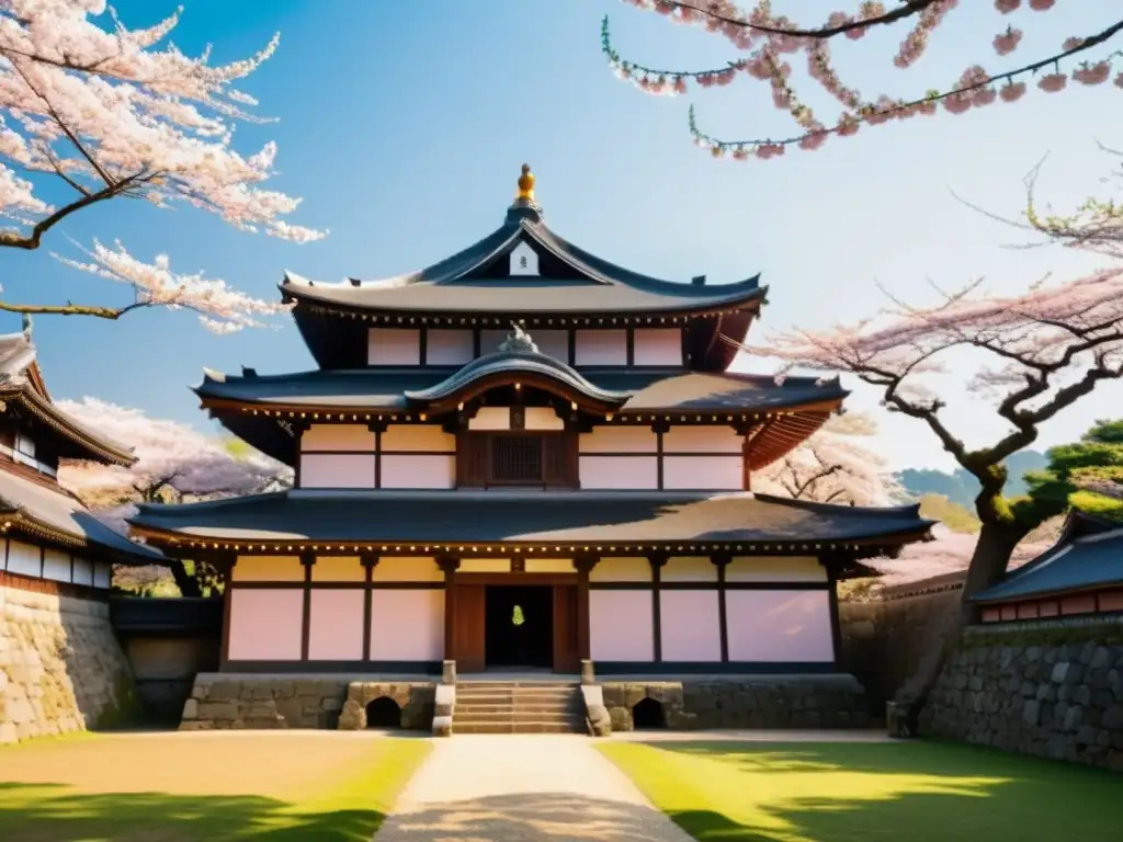 Imagen impresionante de un castillo samurái rodeado de cerezos en flor, evocando la importancia de estos fuertes en el periodo Edo