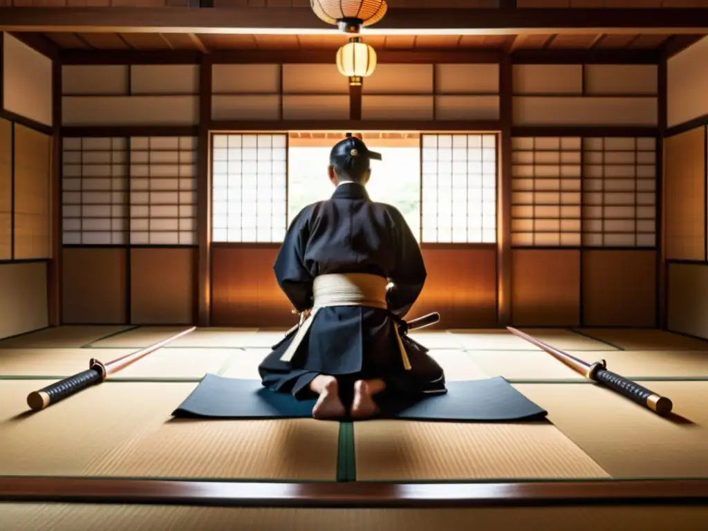 Una imagen impresionante de un dojo samurai tradicional, con armas de entrenamiento de madera cuidadosamente dispuestas en las paredes y un sensei vestido con atuendo samurai tradicional demostrando una forma a un grupo de estudiantes concentrados