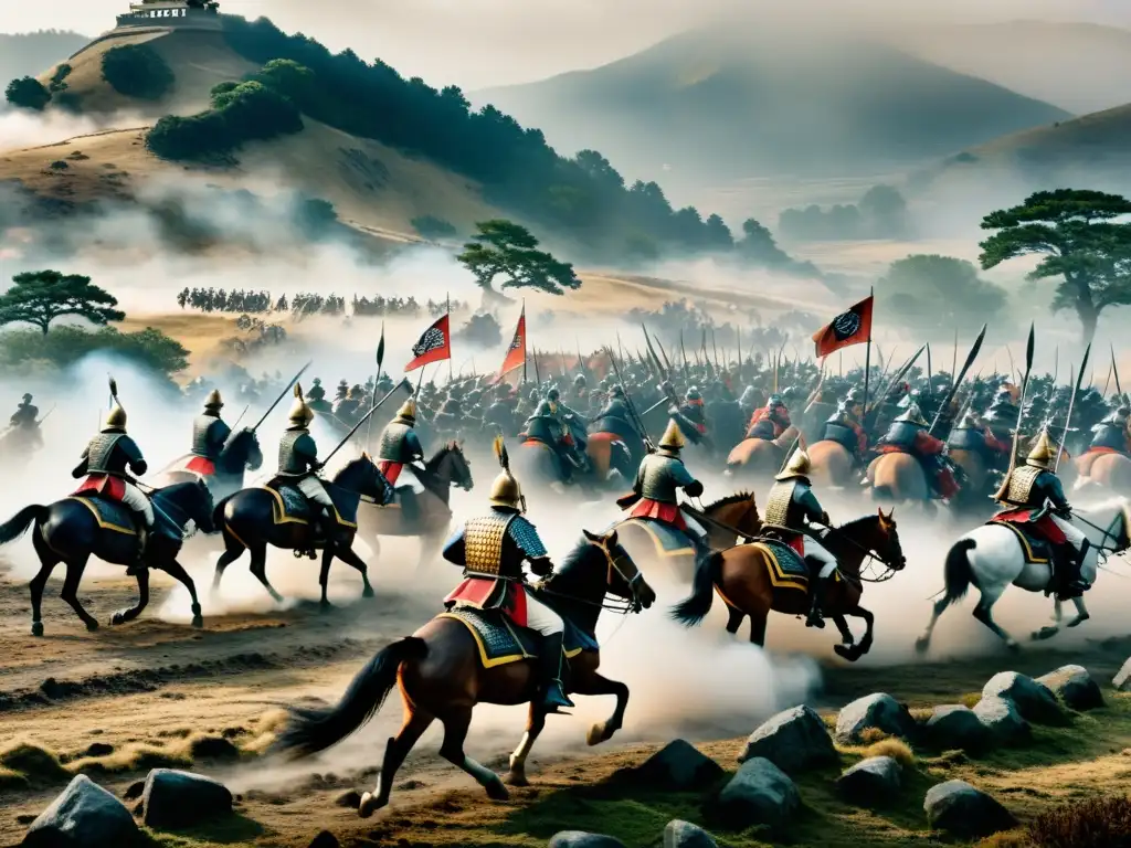 La imagen muestra la intensa batalla de Sekigahara, con samuráis a caballo en medio de un campo de batalla cubierto de niebla