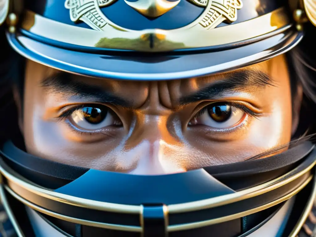 La imagen muestra la intensa mirada de un samurái, comunicando determinación y concentración en el campo de batalla