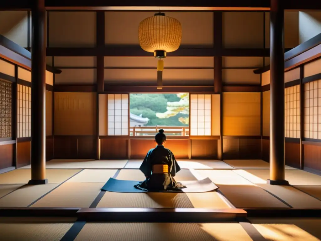 La imagen muestra el interior solemne de un templo japonés con un samurái en meditación, reflejando el primer shogunato samurái Kamakura