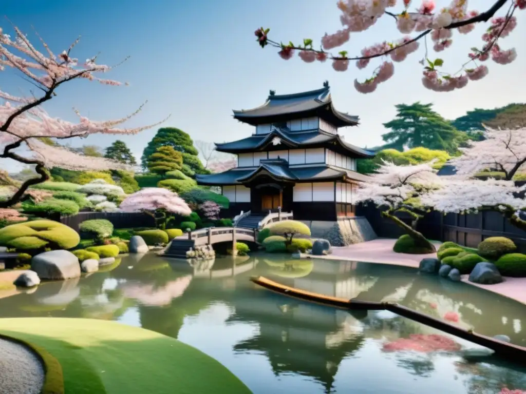 Imagen de un jardín japonés con castillo samurái, naturaleza exuberante y un aura serena de armonía