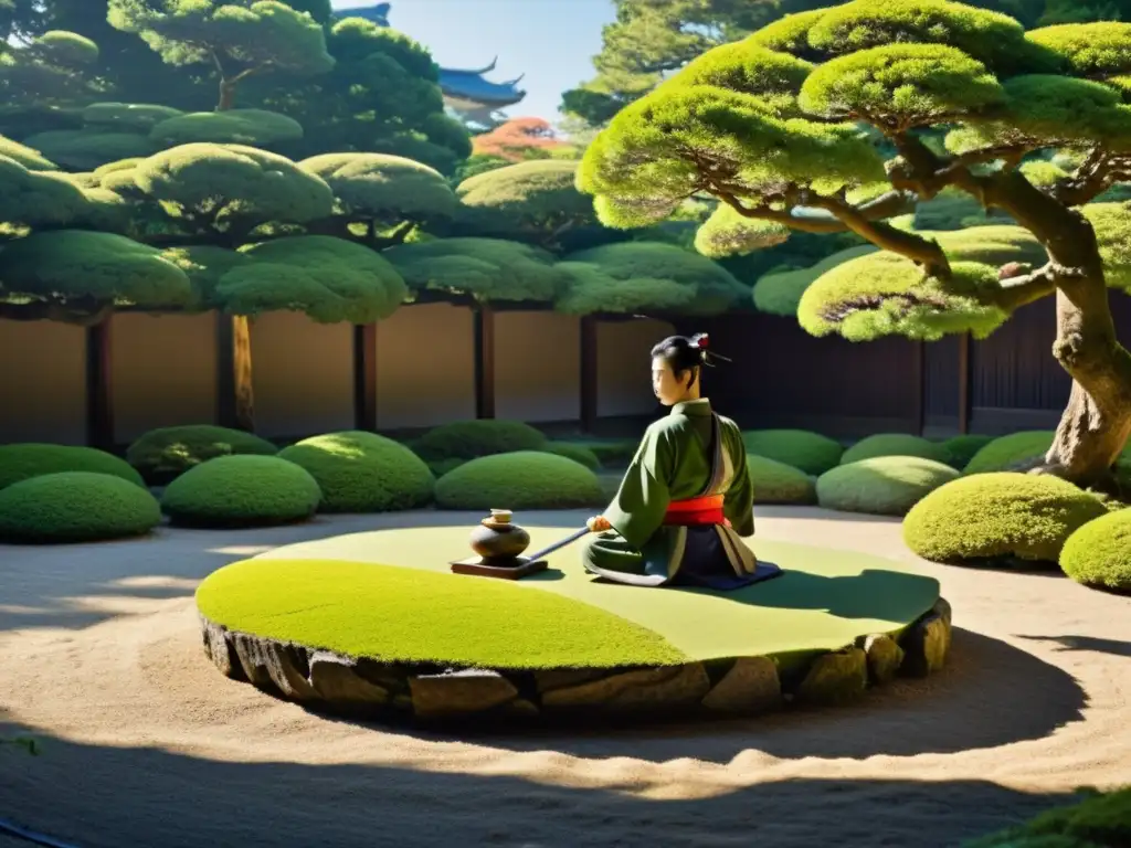 Imagen de jardín japonés con samurái meditando