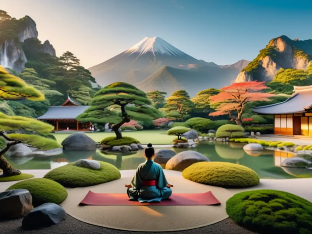 Imagen 8k de jardín japonés con técnicas de respiración samurái y yoga en la montaña al amanecer