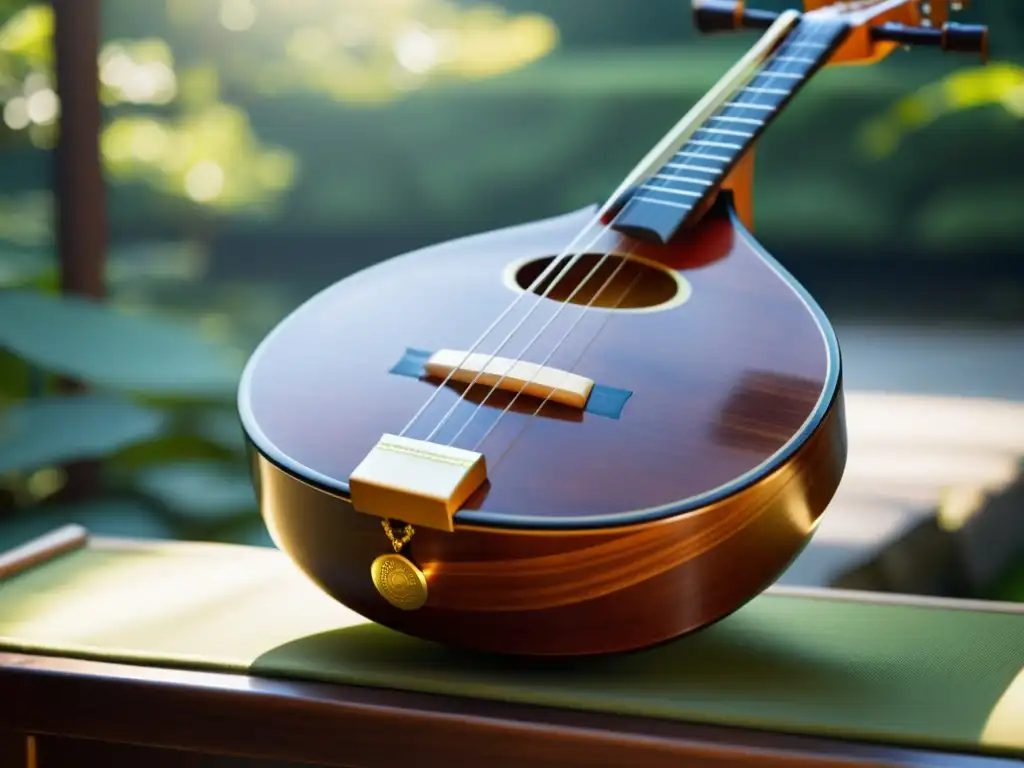 Imagen de un shamisen japonés tradicional, artesanía meticulosa con detalles intrincados, en un jardín sereno