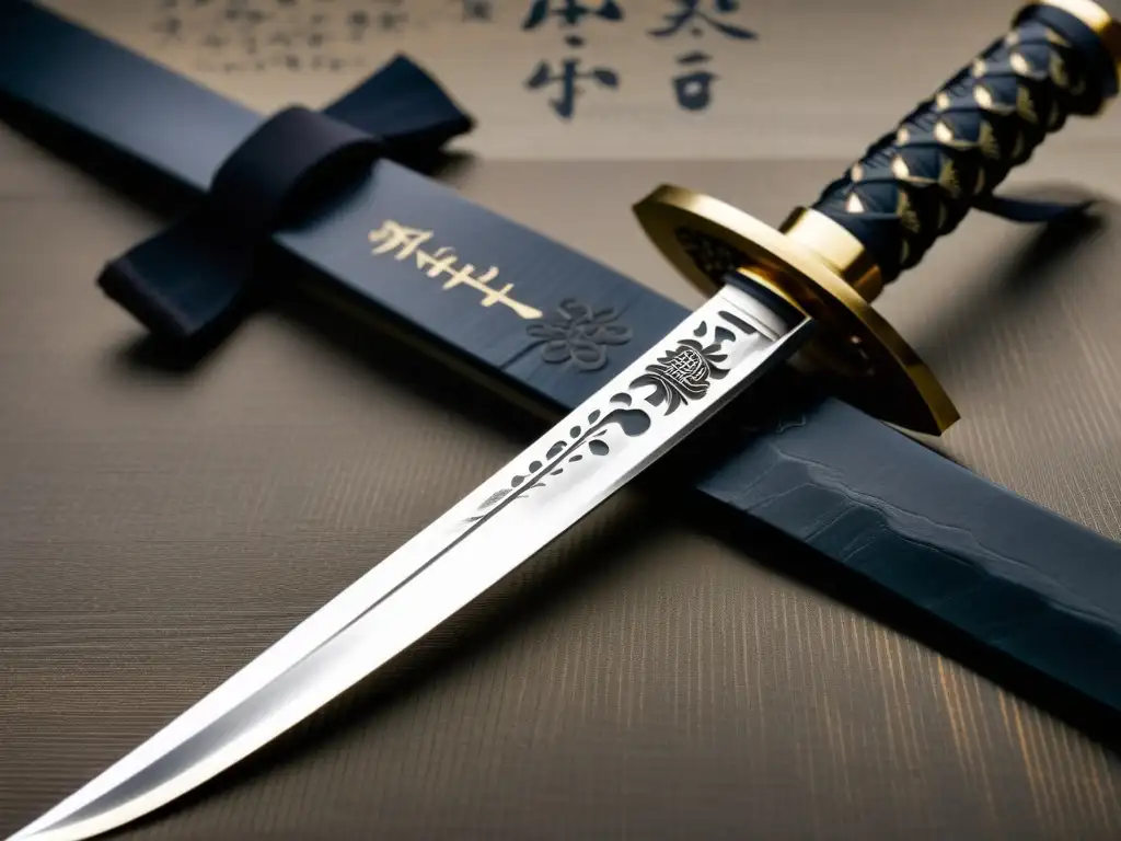 La imagen muestra una katana samurái con detalles intrincados y reflexiones de luz, junto a caligrafía japonesa