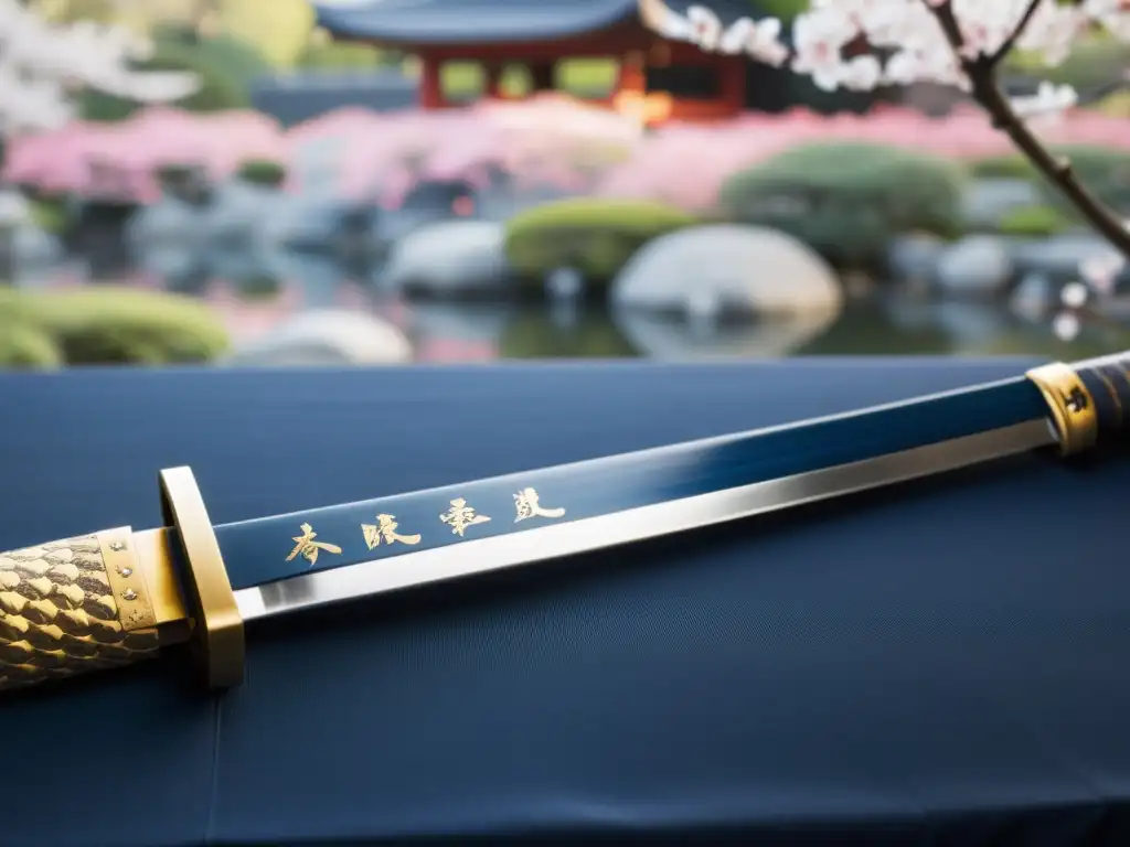 Imagen de una katana samurái ornamental, con grabados en kanji y un fondo de jardín japonés sereno